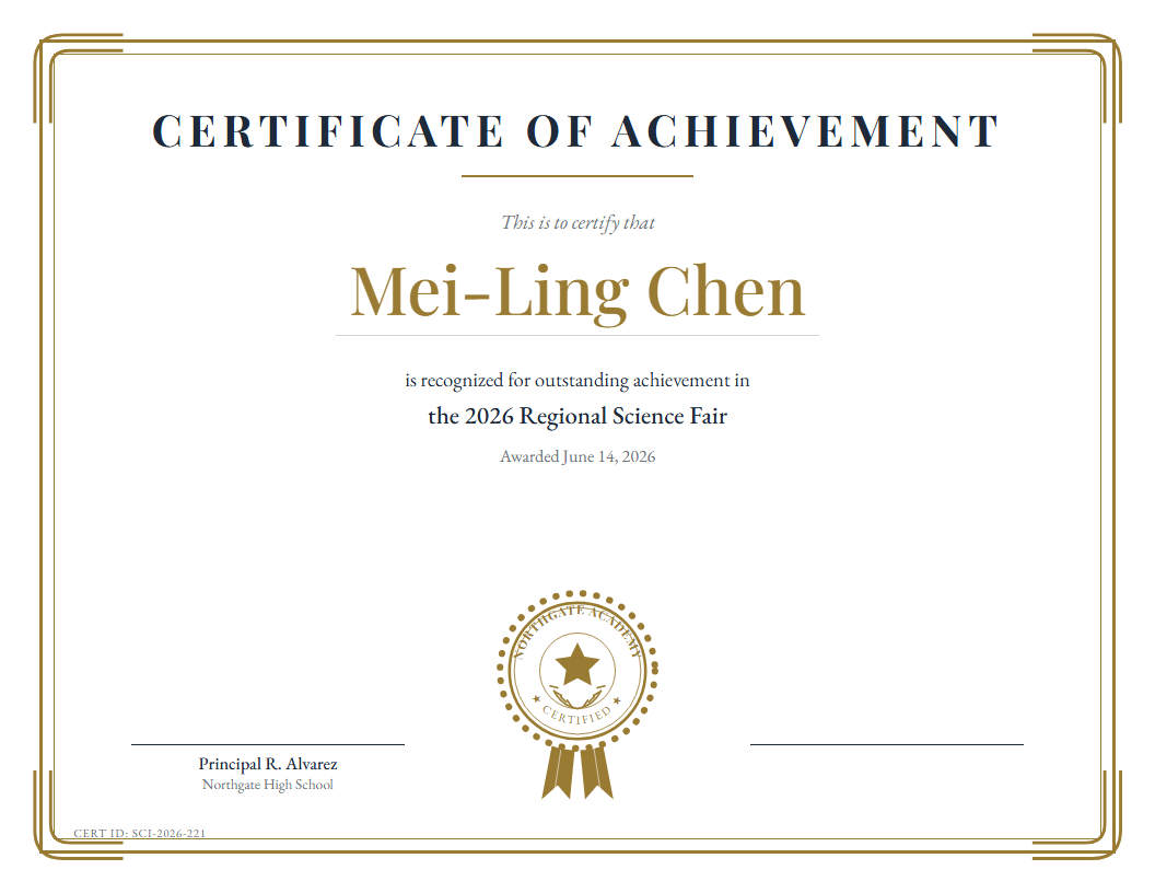 Example science fair achievement certificate for Mei-Ling Chen
