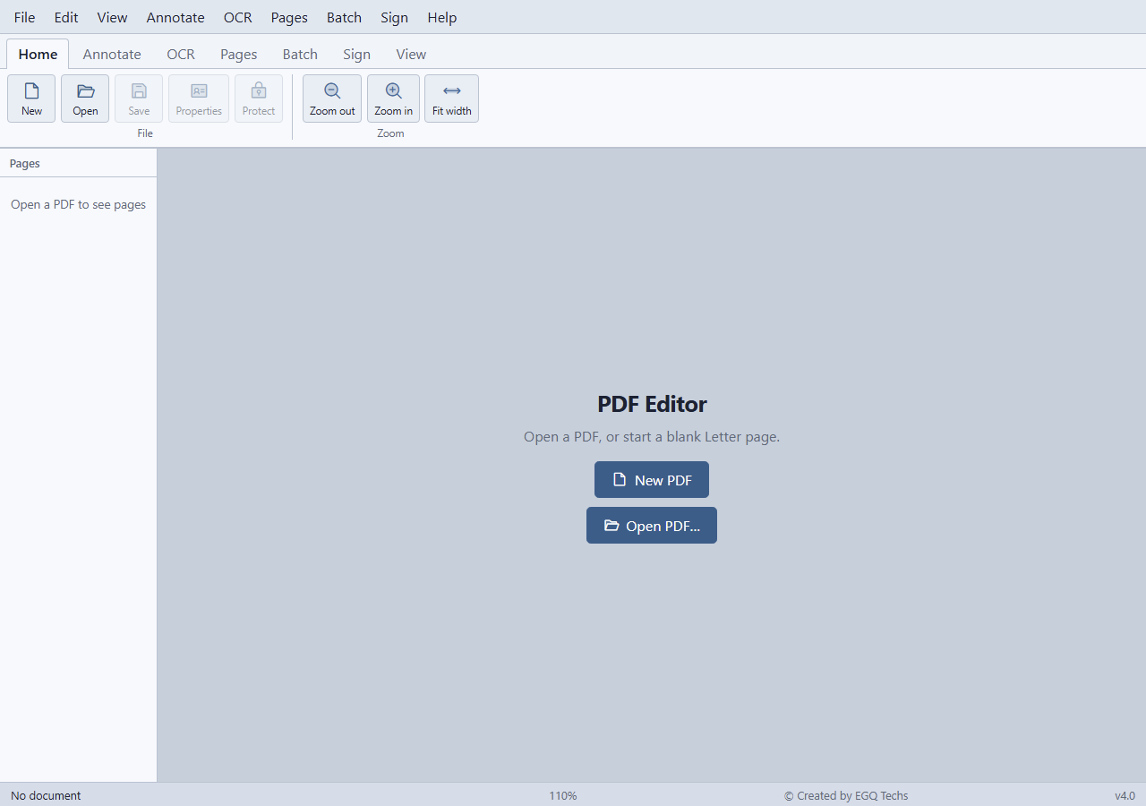 PDF Editor 4.0 Home ribbon with New PDF and Open